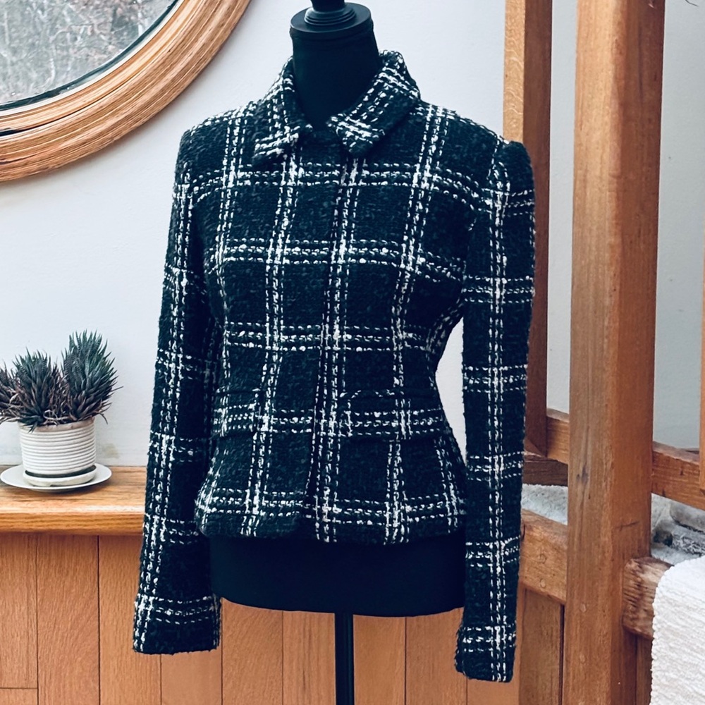 Victoria’s Secret Wool Boucle Windowpane Black and White Plaid Blazer Jacket